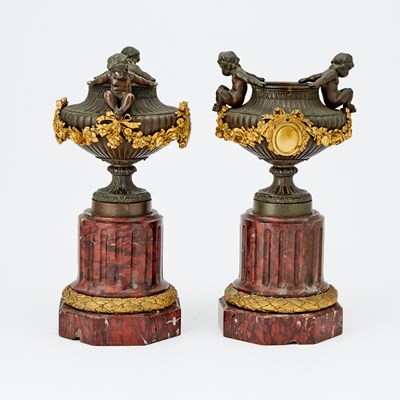 Lot 363 - Pair of Louis XI Style Patinated and Gilt Bronze Urns on Marble Bases