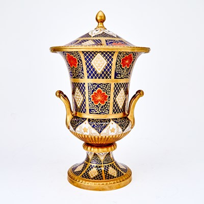 Lot 36 - English Imari Decorated Blue and Gold Porcelain Two-Handled Covered Urn