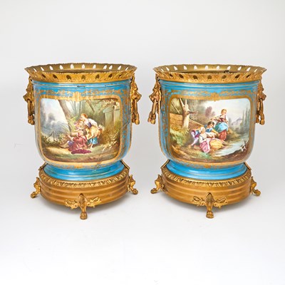 Lot 135 - Pair of Sèvres Style Gilt-Bronze Mounted Turquoise-Ground Porcelain Planters