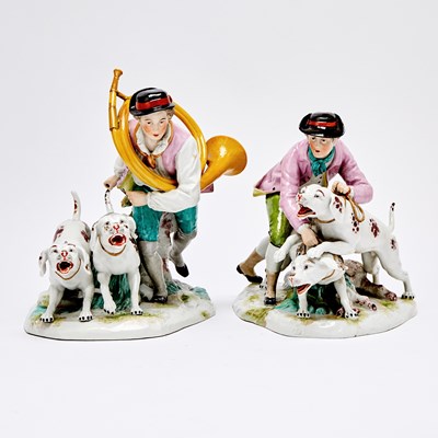 Lot 199 - Pair of German Dresden Porcelain Hunting Themed Figural Groups With Dogs