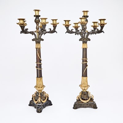 Lot 239 - Pair of Empire Style Gilt and Patinated Bronze Six-Light Candelabra