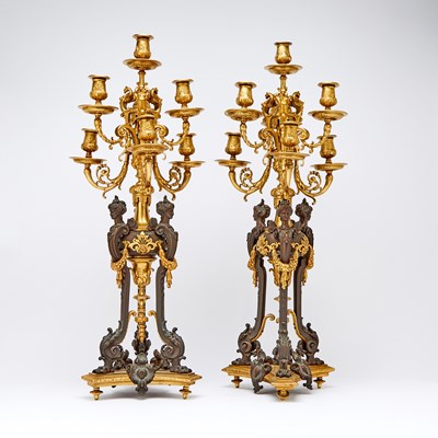 Lot 76 - Pair of Louis XVI Style Gilt and Patinated Bronze Seven-Light Candelabra