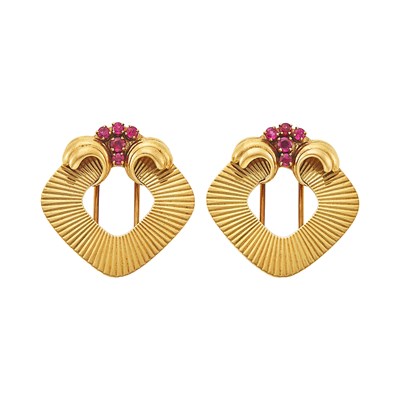 Lot 1076 - Pair of Gold and Ruby Clip-Brooches