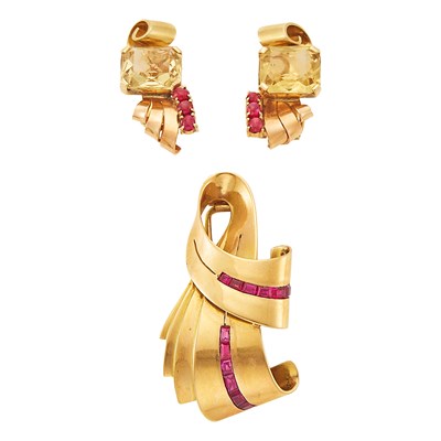 Lot 1073 - Pair of Two-Color Gold, Citrine and Cabochon Ruby Earclips and Gold and Synthetic Ruby Clip