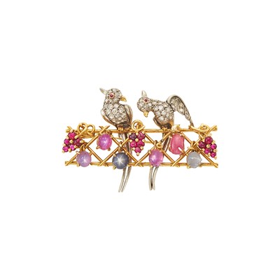 Lot 1057 - Gold, Platinum, Diamond and Cabochon Sapphire and Ruby Lovebirds Brooch