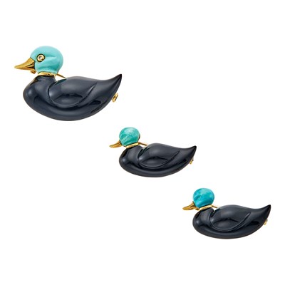 Lot 1019 - Three Gold, Black Onyx and Turquoise Mother Duck and Duckling Clip-Brooches