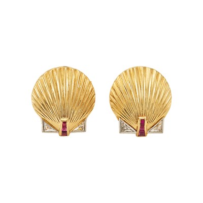 Lot 1018 - Pair of Two-Color Gold, Ruby and Diamond Shell Earclips