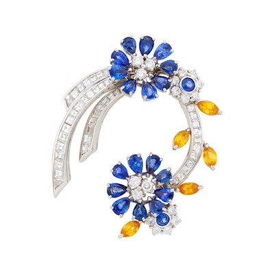 Lot 143 - Faraone White Gold, Multicolored Sapphire and Diamond Clip-Brooch