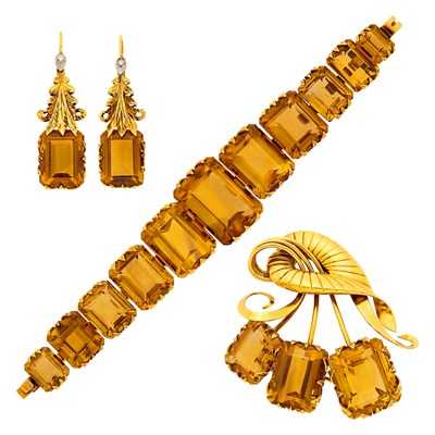 Lot 30 - Gold and Citrine Bracelet, Brooch and Pair of Earrings