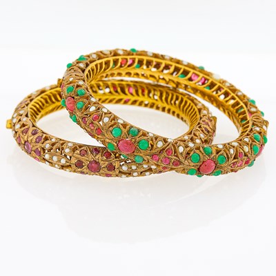 Lot 1275 - Two Indian Silver-Gilt and Gem-Set Bangle Bracelets