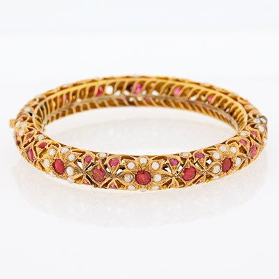 Lot 1276 - Indian Rose Gold, Ruby and Baroque Freshwater Pearl Bangle Bracelet