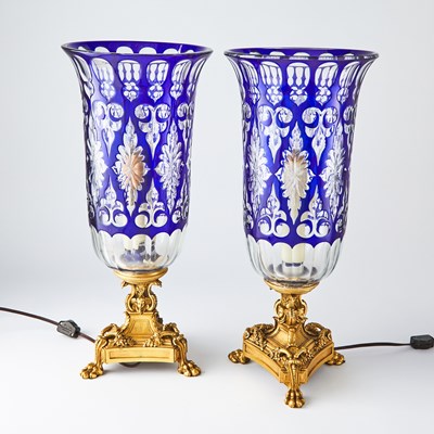 Lot 362 - Pair of Empire Style Bronze and Cut to Clear Blue Glass Lamps