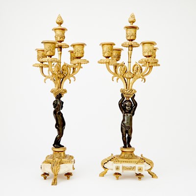 Lot 241 - Pair of Louis XI Style Gilt and Patinated Bronze and Marble Figural Five-Light Candelabra