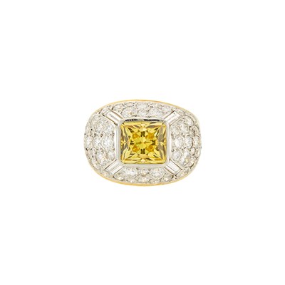 Lot 2351 - Gold, Platinum, Yellow Sapphire and Diamond Dome Ring