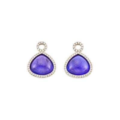 Lot 2295 - Pair of White Gold, Cabochon Tanzanite and Diamond Earring Pendants