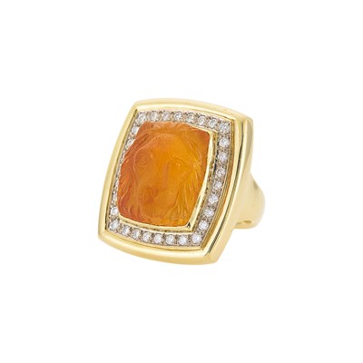 Lot 1210 - Gold, Carved Citrine Lion and Diamond Ring