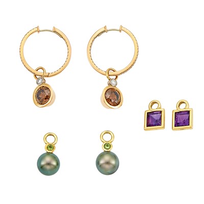 Lot 1314 - Pair of Rose Gold Hoop Earrings with Interchangeable Black Cultured Pearl, Colored Diamond and Amethyst Pendants