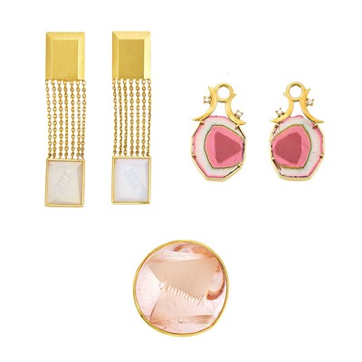 Lot 1315 - Bernd Munsteiner Gold and Morganite Ring, Pair of Multistrand Gold and Moonstone Earrings, and Pair of Watermelon Tourmaline and Diamond Ear Pendants