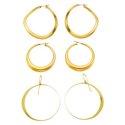 Lot 1238 - Three Pairs of Gold Hoop Earrings