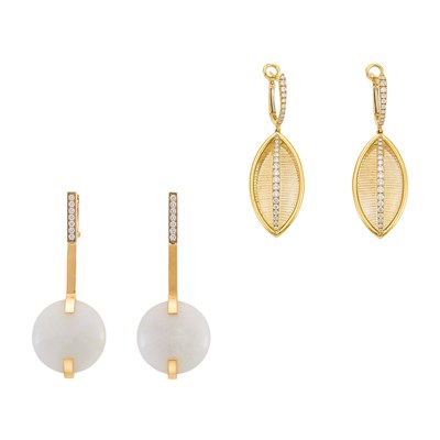 Lot 1250 - Roberto Coin Pair of Gold, White Agate and Diamond Pendant-Earrings and Attributed to Bernd Munsteiner Gold, Citrine and Diamond Pendant-Earrings