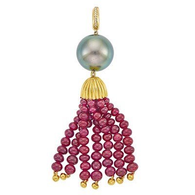 Lot 1212 - Gold, Tahitian Gray Cultured Pearl and Ruby Bead Tassel Pendant