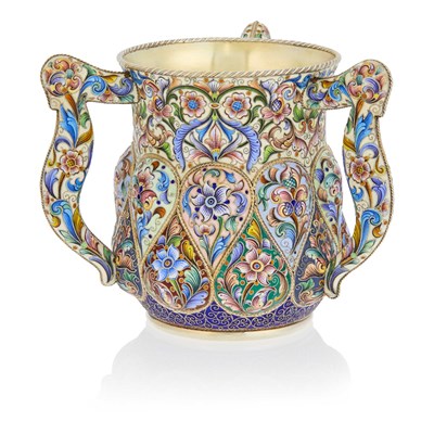 Lot 547 - Russian Silver-Gilt and Cloisonné Enamel Three-Handled Cup