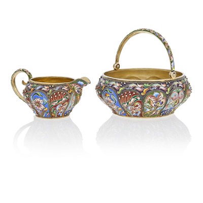 Lot 545 - Russian Silver-Gilt and Cloisonné Enamel Sugar Bowl and Cream Jug