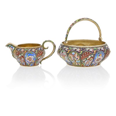 Lot 545 - Russian Silver-Gilt and Cloisonné Enamel Sugar Bowl and Cream Jug