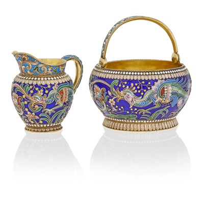 Lot 501 - Russian Silver-Gilt and Cloisonné Enamel Sugar Bowl and Cream Jug