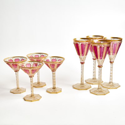 Lot 586 - Set of Moser Style Ruby Cabochon Glass Stemware