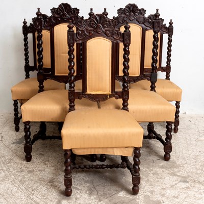 Lot 71 - Set of Six Jacobean Style Hand-Carved Oak Dining Chairs