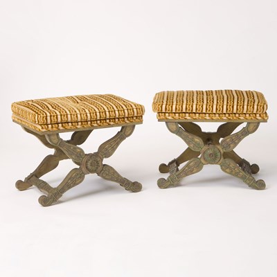 Lot 361 - Pair of Empire Style Painted and Upholstered Curule Stools