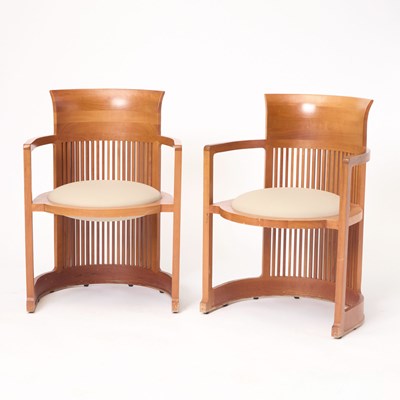 Lot 246 - Pair of Frank Lloyd Wright Upholstered Cherry "Taliesin" Armchairs