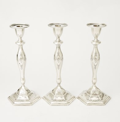 Lot 676 - Set of Three Black, Starr & Frost Sterling Silver Candlesticks