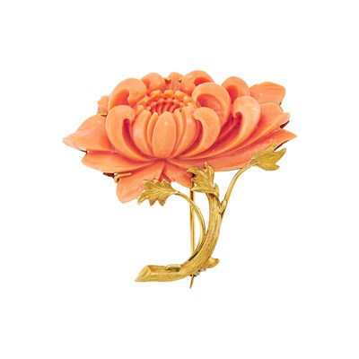 Lot 2391 - Gold and Carved Coral Flower Clip-Brooch