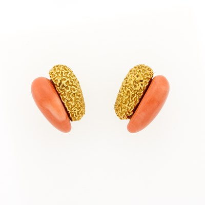 Lot 2393 - Pair of Gold and Coral Earrings