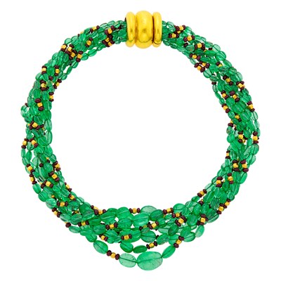 Lot 116 - Eight Strand Gold, Emerald Bead, Gold and Ruby Bead Torsade Necklace with Hammered Gold Clasp