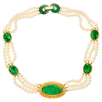 Lot 2404 - Triple Strand Freshwater Pearl, Gold and Carved Jade Necklace