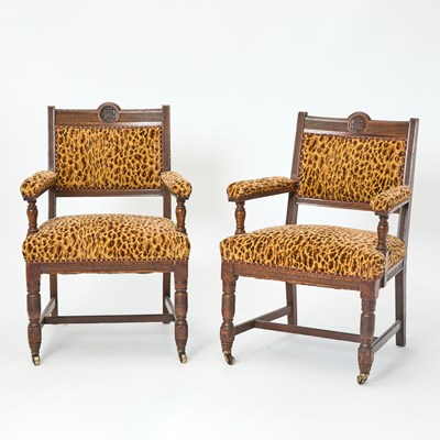 Lot 225 - Pair of Leopard Upholstered Carved Oak Armchairs