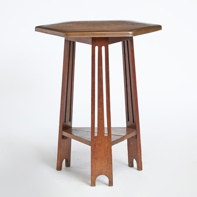 Lot 339 - Arts & Crafts Style Oak and Copper Hexagonal Side Table