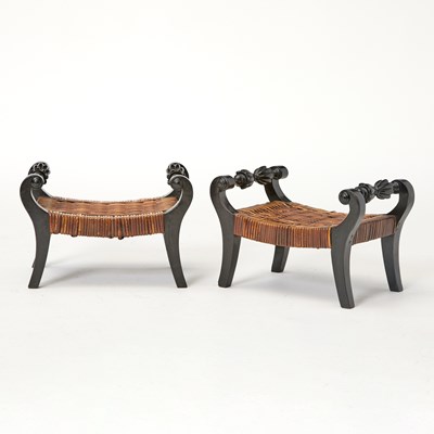 Lot 311 - Pair of Anglo Indian Ebony and Rattan Small Benches