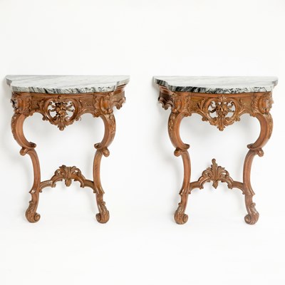 Lot 145 - Pair of Louis XV Style Marble Top Carved Walnut Consoles