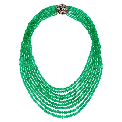 Lot 184 - Nine Strand Emerald Bead Necklace with Antique Silver, Gold and Diamond Flower Clasp