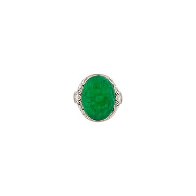 Lot 154 - Platinum, Carved Jade and Diamond Ring