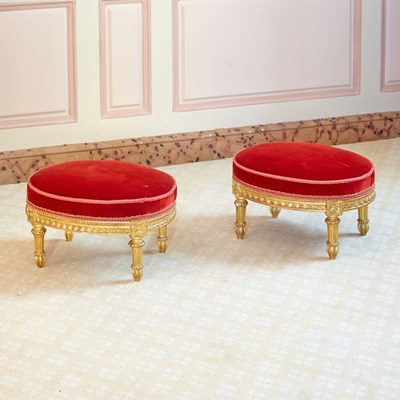 Lot 193 - Pair of Louis XVI Style Upholstered Giltwood Footstools