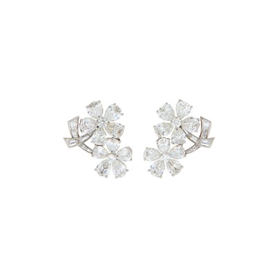 Lot 157 - Van Cleef & Arpels Pair of Platinum and Diamond Flower Earclips, France