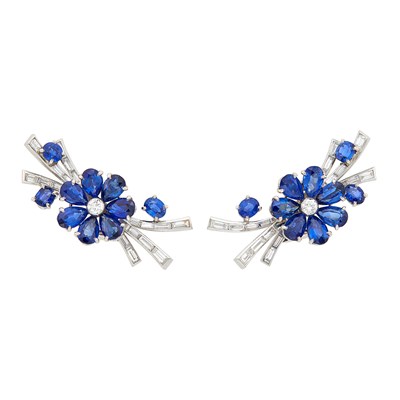 Lot 144 - Pair of Platinum, Sapphire and Diamond Flower Spray Earclips, France