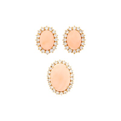 Lot 187 - Pair of Gold, Angel Skin Coral and Diamond Earclips and Ring