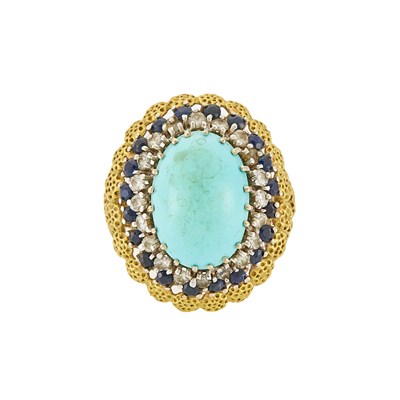 Lot 2384 - Two-Color Gold, Turquoise, Sapphire and Diamond Ring