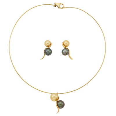 Lot 2349 - Gold and Multicolored Cultured Pearl Pendant-Necklace and Pair of Pendant-Earrings